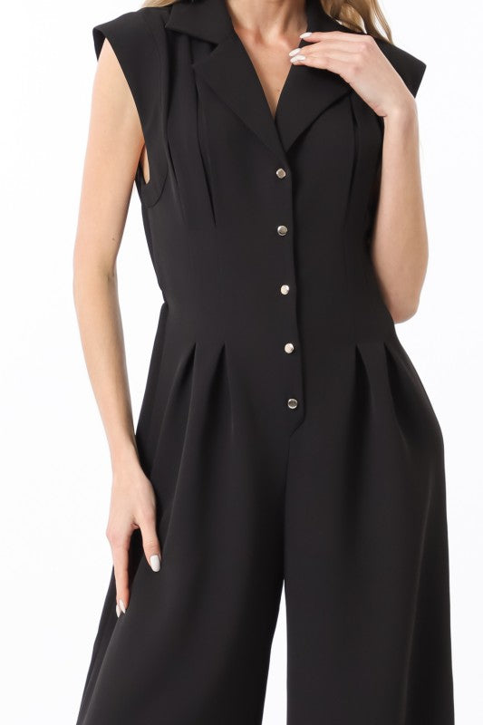 Short Sleeve Button Front Wide Leg Jumpsuit Black