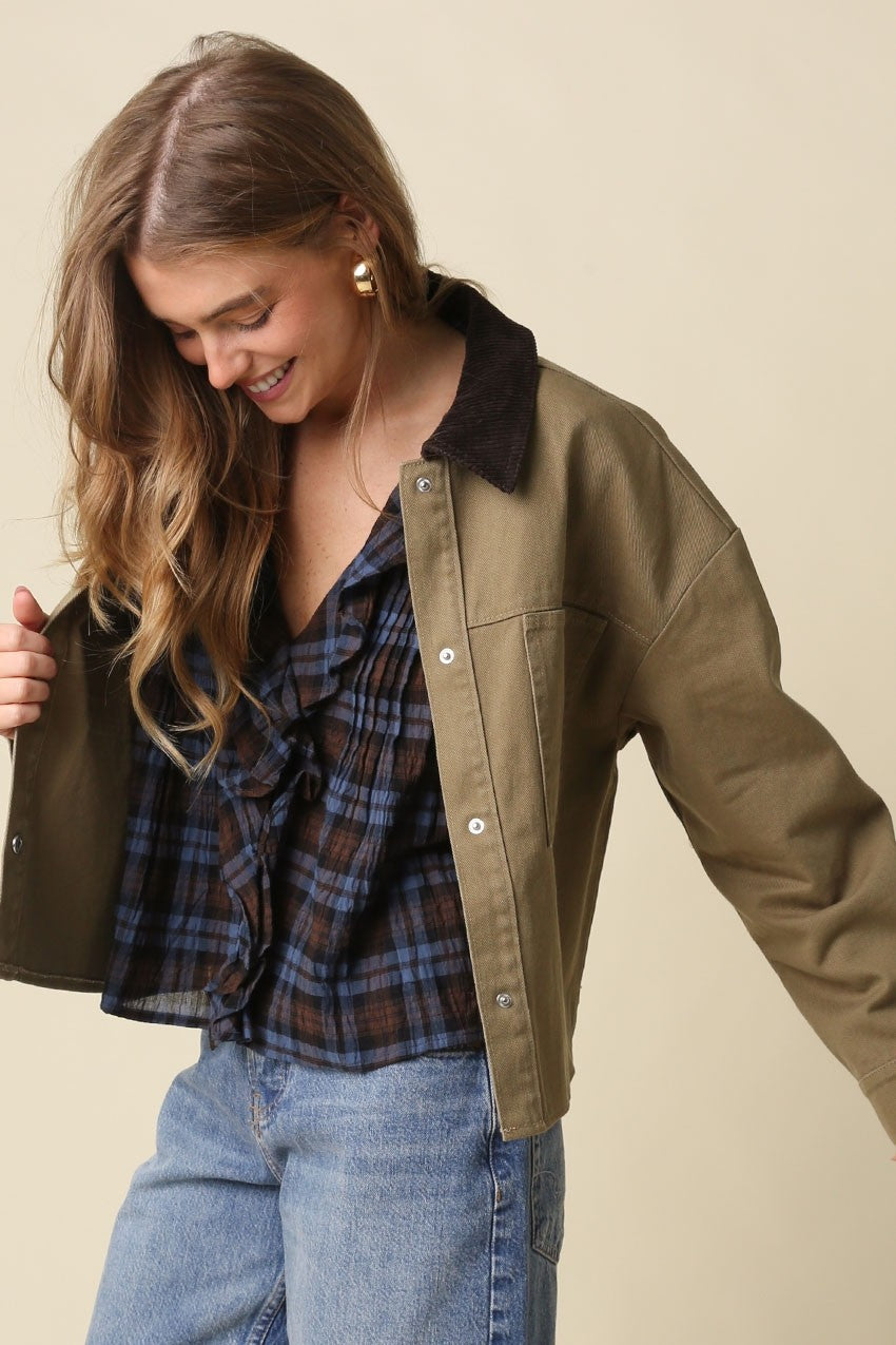 Mindy Long Sleeve Corduroy Contrast Button Down Jacket Olive