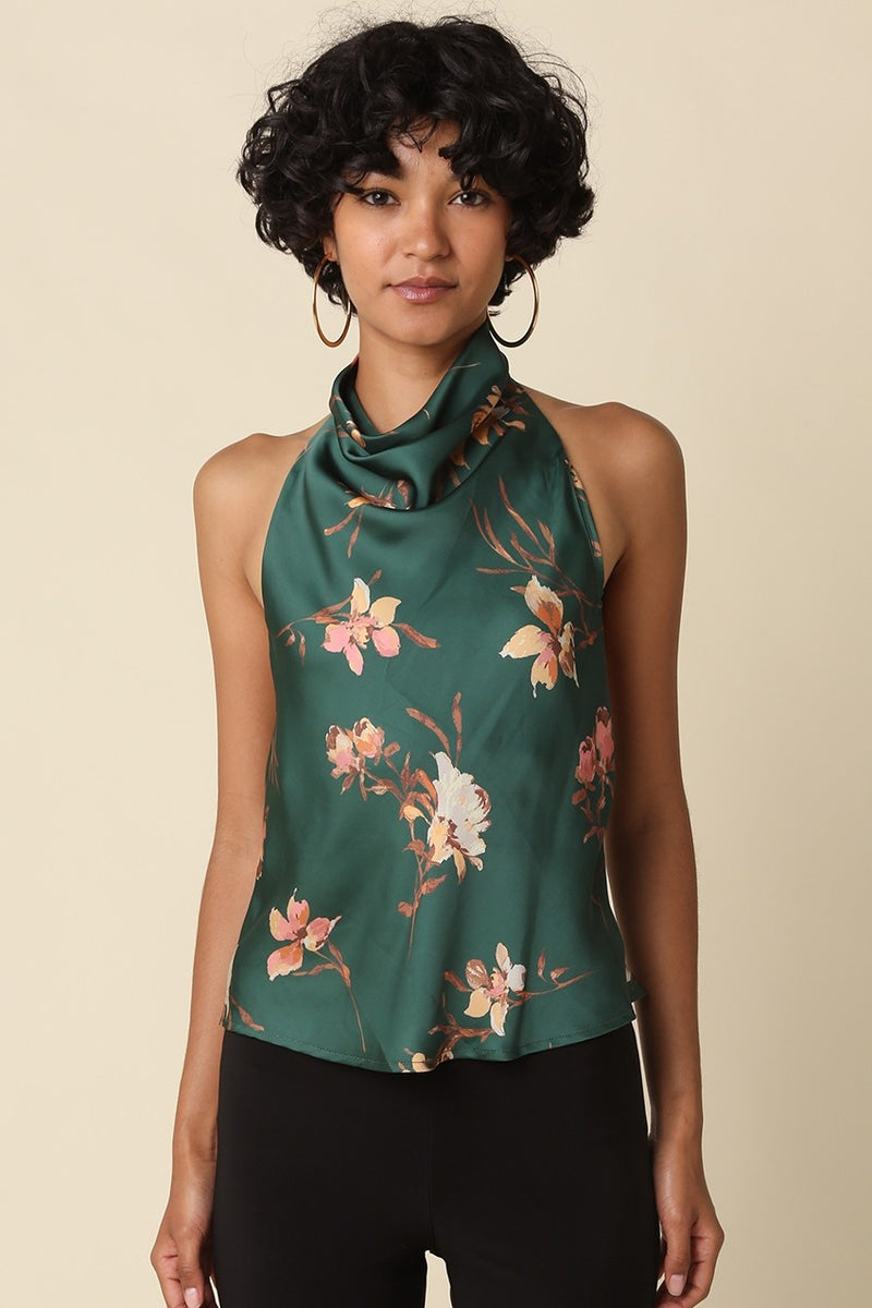 Sleeveless Halter Whimsical Floral Print Top Green