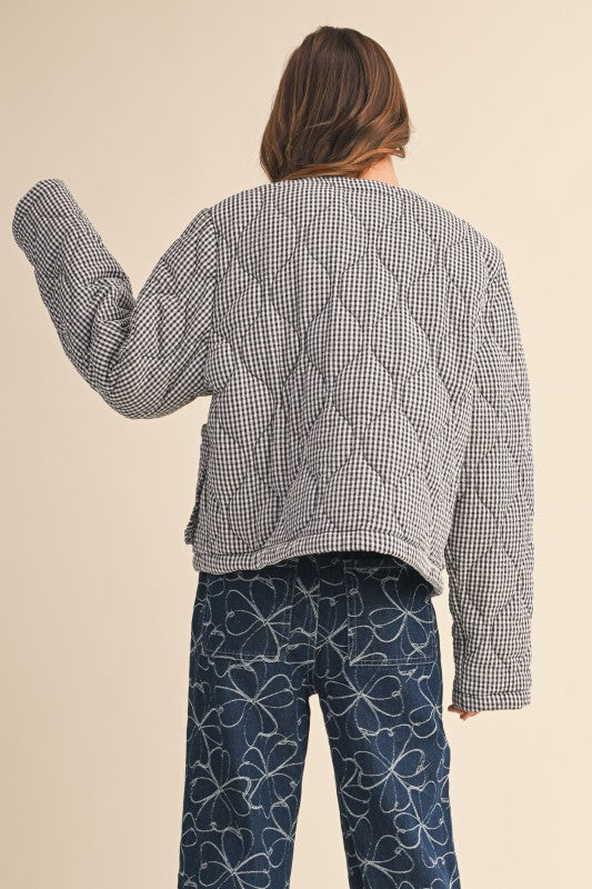 Long Sleeve Plaid Print Quilted Shacket Navy