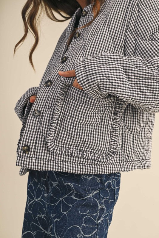 Long Sleeve Plaid Print Quilted Shacket Navy