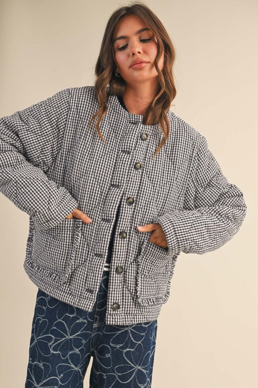 Long Sleeve Plaid Print Quilted Shacket Navy