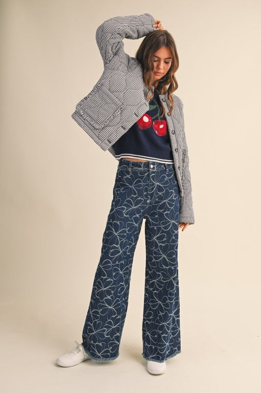 Long Sleeve Plaid Print Quilted Shacket Navy