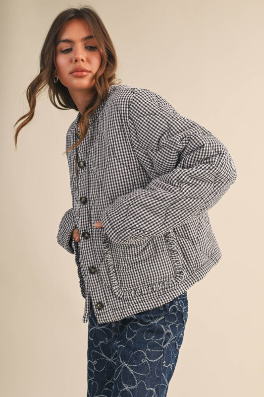 Long Sleeve Plaid Print Quilted Shacket Navy