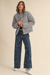 Long Sleeve Plaid Print Quilted Shacket Navy