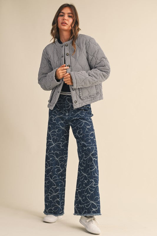 Long Sleeve Plaid Print Quilted Shacket Navy