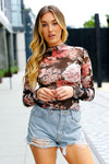 Long Sleeve Floral Print Mesh Top Black