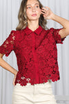  Short Sleeve Button Down Floral Lace Top Burgundy