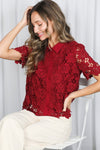  Short Sleeve Button Down Floral Lace Top Burgundy