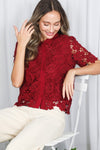  Short Sleeve Button Down Floral Lace Top Burgundy