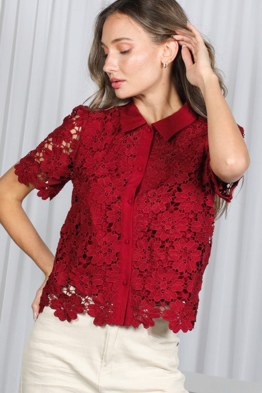  Short Sleeve Button Down Floral Lace Top Burgundy