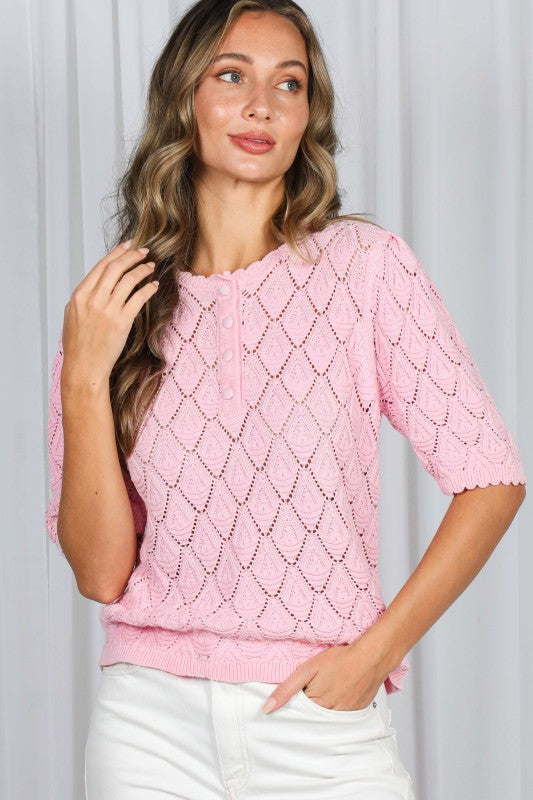Short Sleeve Button Down Crochet Knit Top Pink