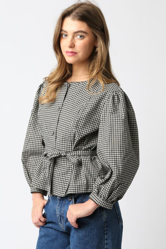 Long Sleeve Button Down Belted Gingham Print Top Black