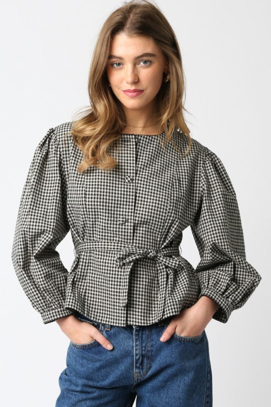 Long Sleeve Button Down Belted Gingham Print Top Black