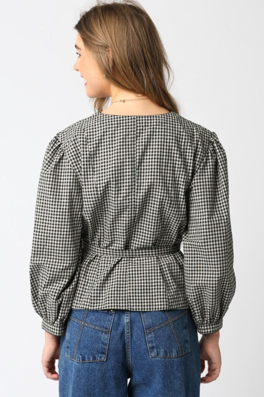Long Sleeve Button Down Belted Gingham Print Top Black