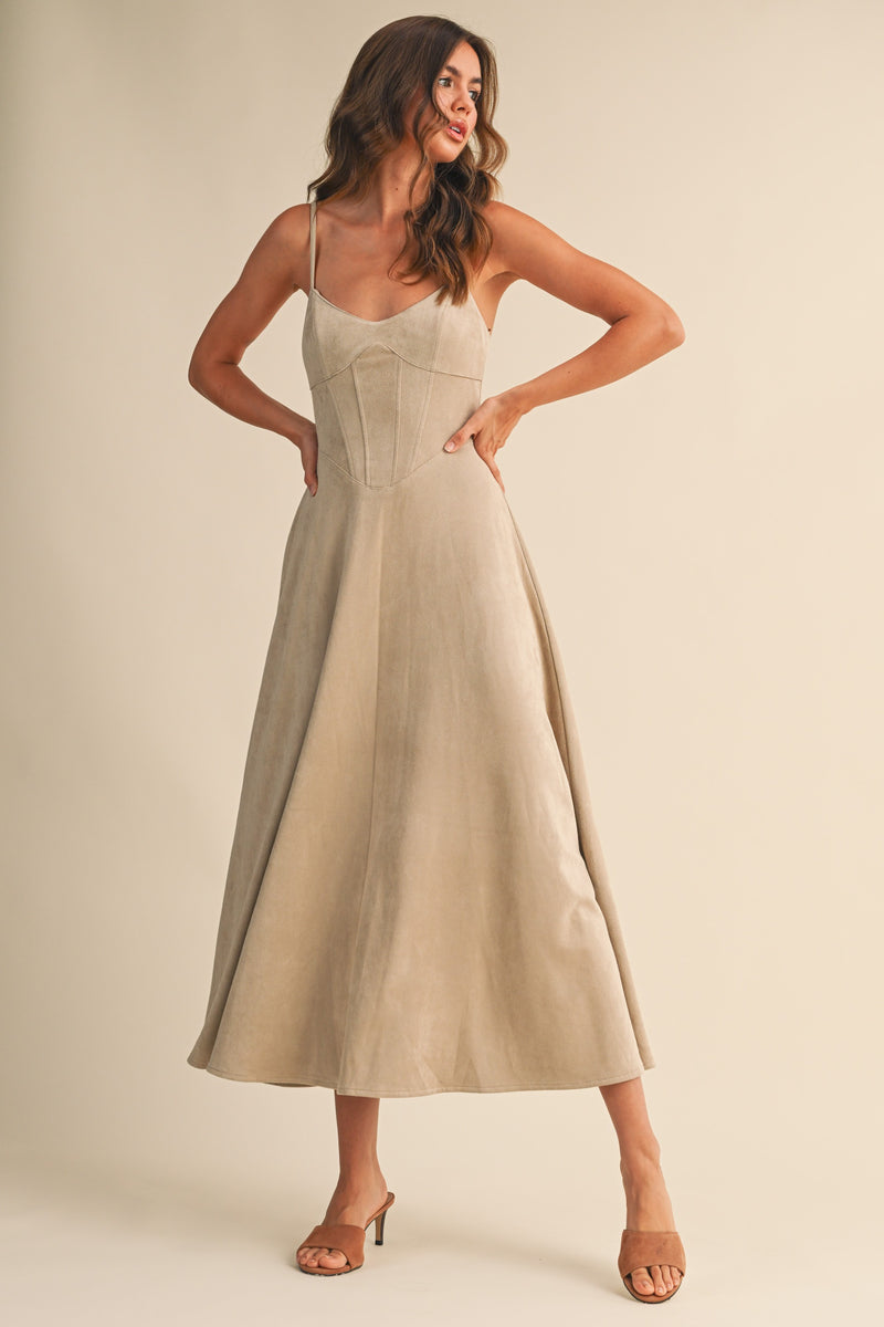Brooke Sleeveless Corset Faux Suede Midi Dress Beige