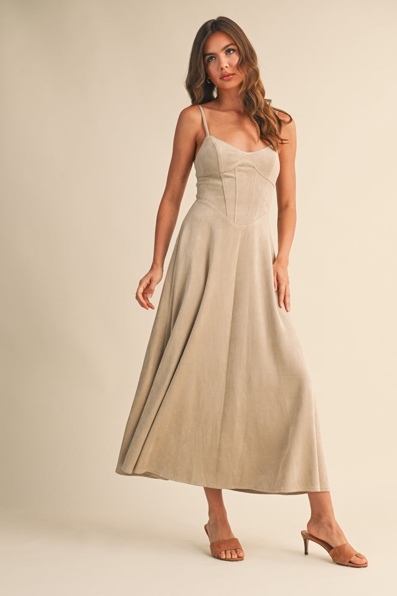 Brooke Sleeveless Corset Faux Suede Midi Dress Beige
