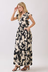 Ruffle Sleeve Back Tie Floral Print Maxi Dress Black