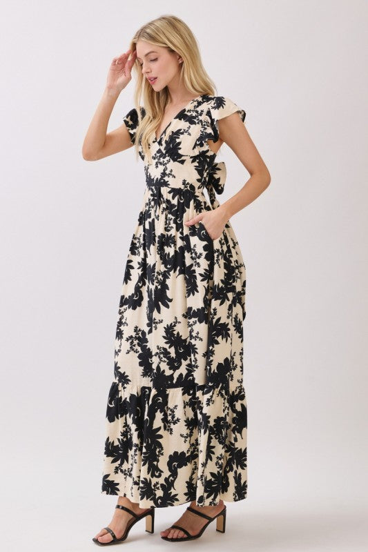 Ruffle Sleeve Back Tie Floral Print Maxi Dress Black