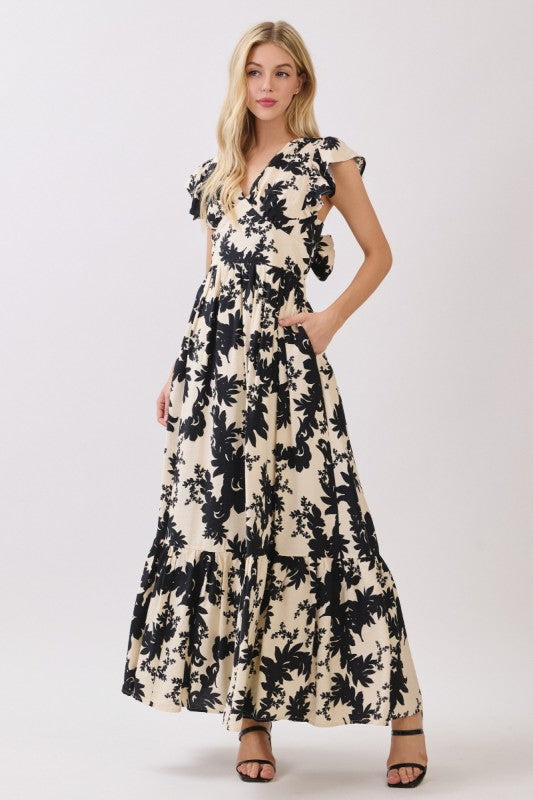Ruffle Sleeve Back Tie Floral Print Maxi Dress Black