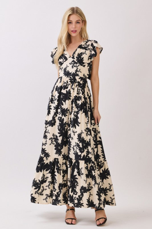 Ruffle Sleeve Back Tie Floral Print Maxi Dress Black