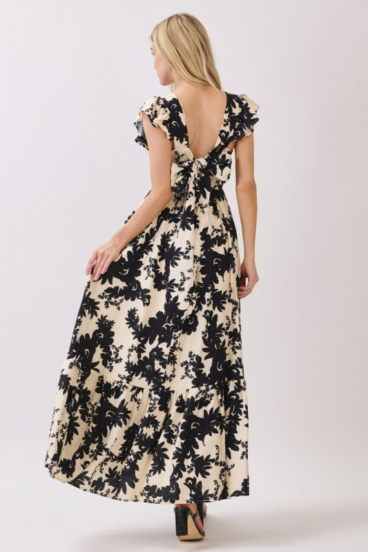 Ruffle Sleeve Back Tie Floral Print Maxi Dress Black