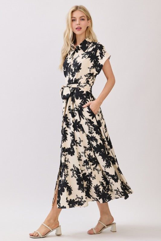 Short Sleeve Waist Tie Floral Print Maxi Dress Black