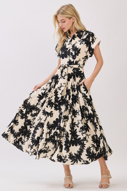 Short Sleeve Waist Tie Floral Print Maxi Dress Black
