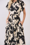 Short Sleeve Waist Tie Floral Print Maxi Dress Black