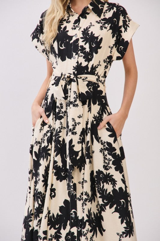 Short Sleeve Waist Tie Floral Print Maxi Dress Black