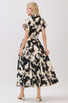 Short Sleeve Waist Tie Floral Print Maxi Dress Black