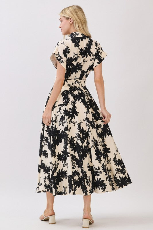 Short Sleeve Waist Tie Floral Print Maxi Dress Black