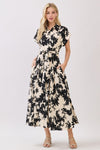 Short Sleeve Waist Tie Floral Print Maxi Dress Black