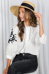 3/4 Puff Sleeve Button Down Floral Embroidered Top White