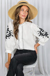 3/4 Puff Sleeve Button Down Floral Embroidered Top White