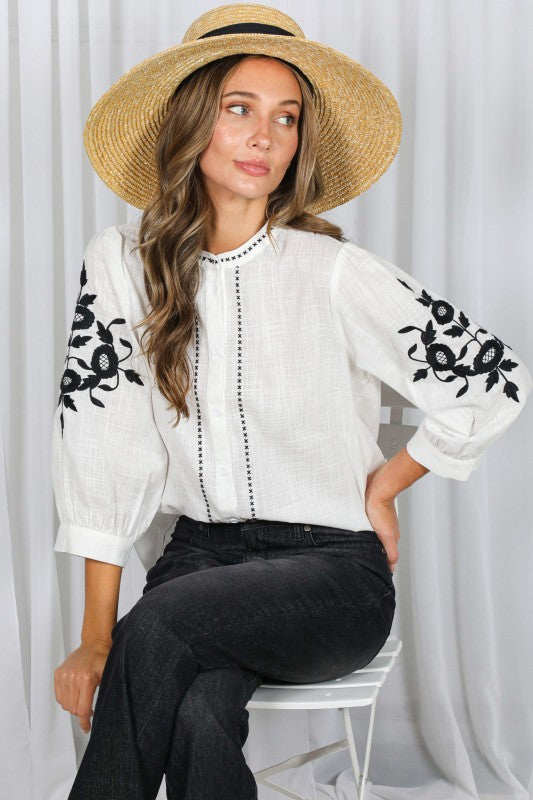 3/4 Puff Sleeve Button Down Floral Embroidered Top White