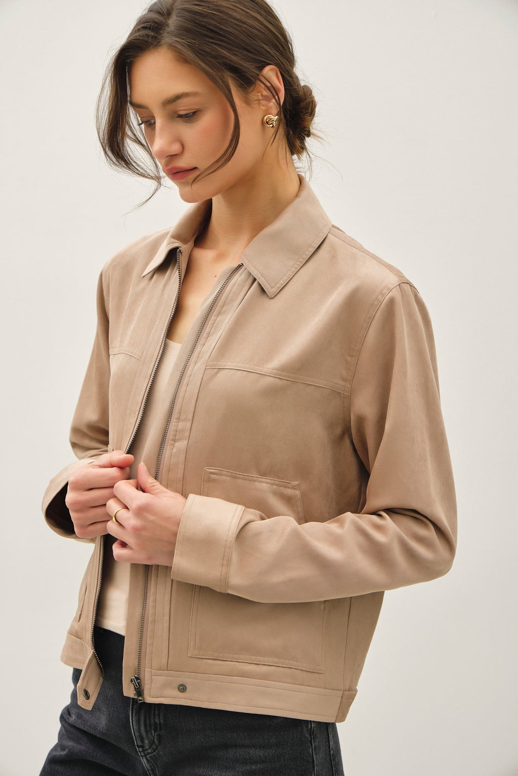 Long Sleeve Faux Suede Jacket Taupe