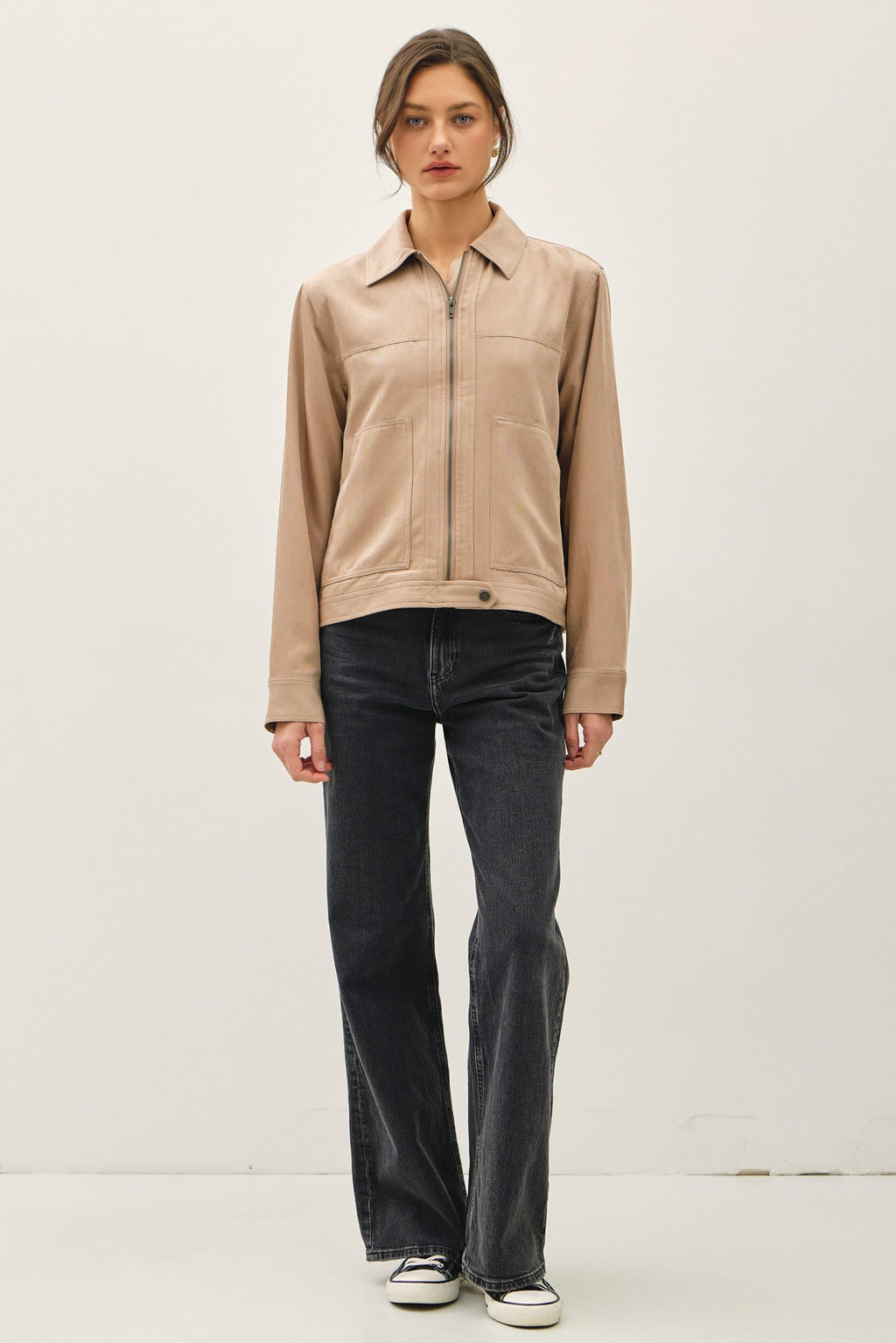  Long Sleeve Faux Suede Jacket Taupe