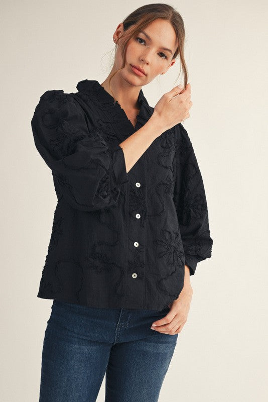  3/5 Balloon Sleeve Floral Embroidered Top Black