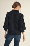  3/5 Balloon Sleeve Floral Embroidered Top Black