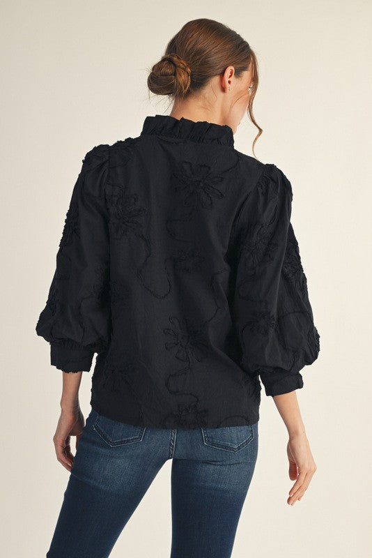  3/5 Balloon Sleeve Floral Embroidered Top Black