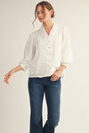 3/4 Balloon Sleeve Floral Embroidered Top White