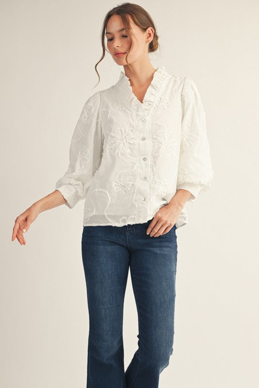 3/4 Balloon Sleeve Floral Embroidered Top White