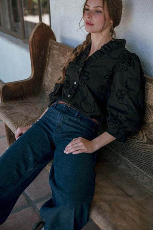  3/5 Balloon Sleeve Floral Embroidered Top Black