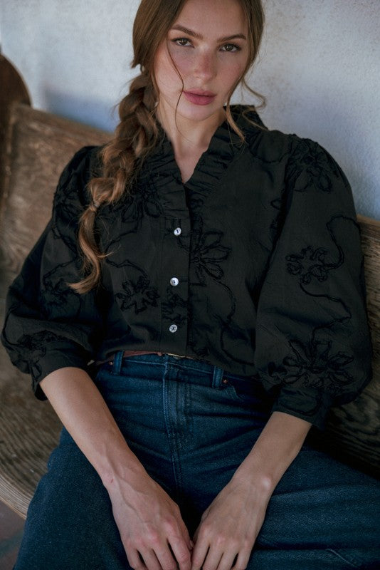  3/5 Balloon Sleeve Floral Embroidered Top Black