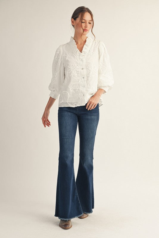 3/4 Balloon Sleeve Floral Embroidered Top White