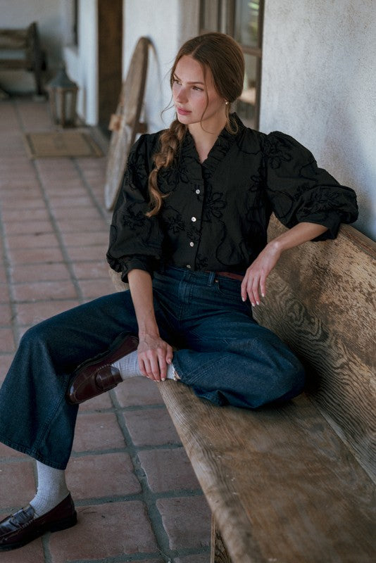  3/5 Balloon Sleeve Floral Embroidered Top Black