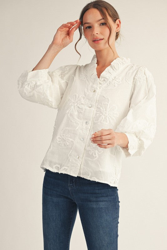 3/4 Balloon Sleeve Floral Embroidered Top White