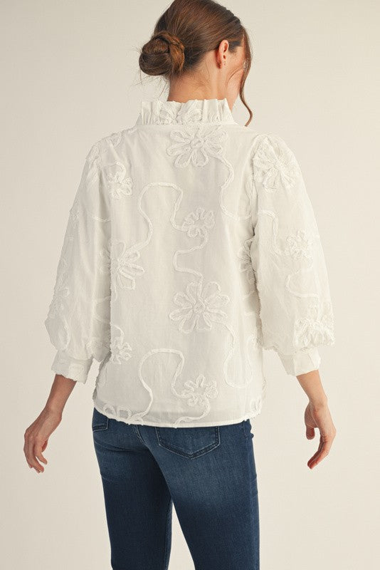 3/4 Balloon Sleeve Floral Embroidered Top White