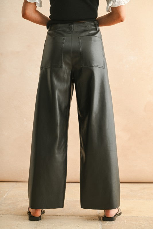 High Waist Faux Leather Wide Leg Pants Black
